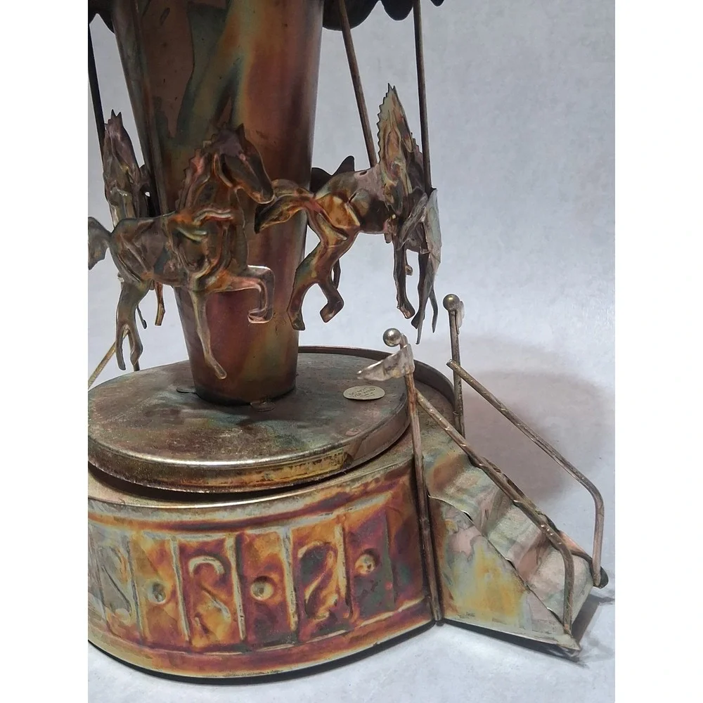 VTG Tin Copper Rotating Carousel Music Box Works 60's Brutalist Merry Go Round